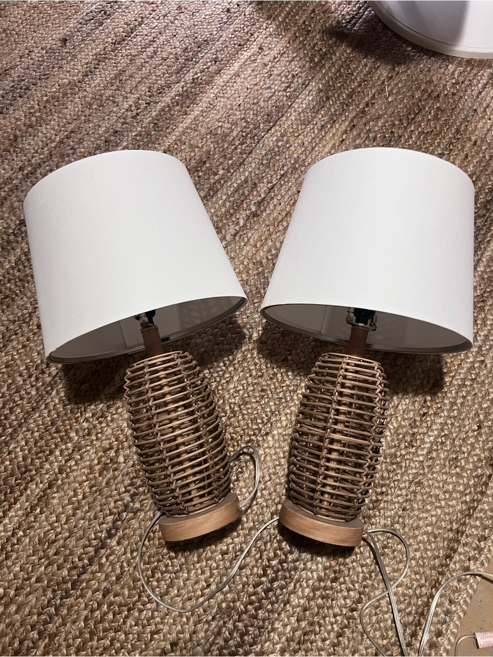 Wicker Rattan Table Lamps with White Shade - Natural Brown